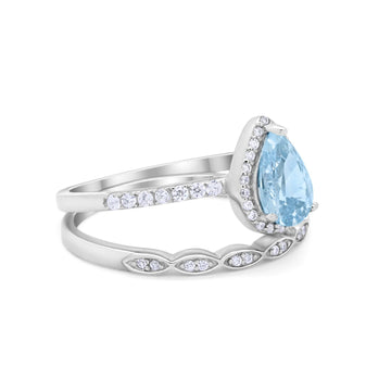 Art Deco Teardrop Piece Wedding Ring Simulated Aquamarine CZ 925 Sterling Silver